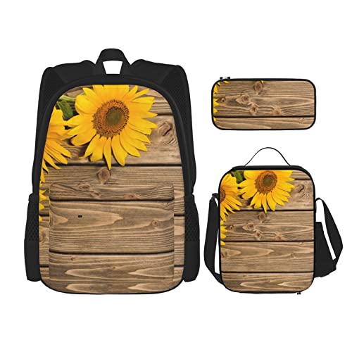 OCELIO Drei Sonnenblumen auf Holz-Rucksack, Teenager-Mädchen, Jungen, Kinder-Schultasche + Federmäppchen + Lunch-Tasche, Schwarz, Einheitsgröße, Rucksack, Reisen von OCELIO