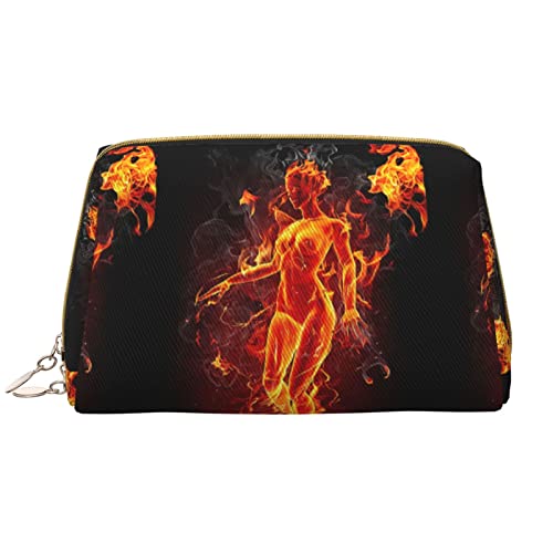 OCELIO Fire Nude Woman Flame Leder Tragbare Kosmetiktasche (groß), Leder Clutch Reißverschluss Kosmetiktasche, Kulturtasche Reisetasche, Reise Aufbewahrungstasche, Weiß, Einheitsgröße, Weiß, One Size von OCELIO