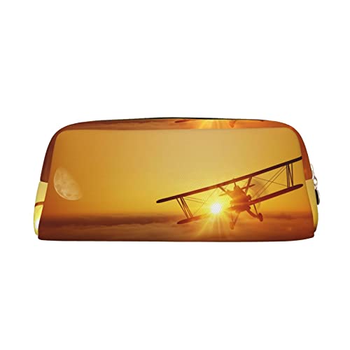 OCELIO Flugzeug-Flugzeug bei Sonnenuntergang Leder Reißverschluss Stereoskopische Stift Tasche Bunte Schreibwaren Tasche Make-up Tasche Aufbewahrungstasche von OCELIO