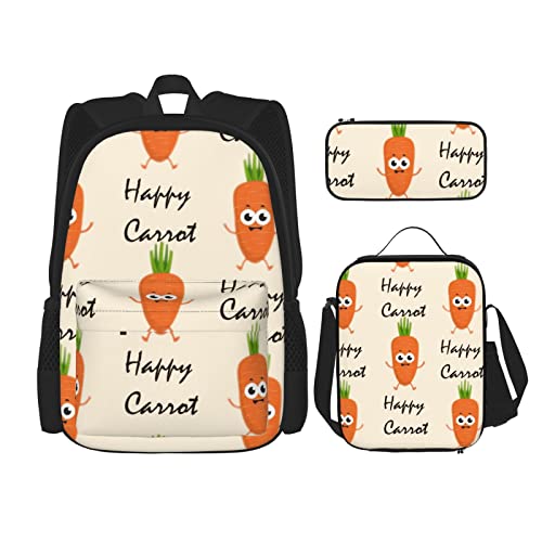 OCELIO Happy Carrot Rucksack, Teenager-Mädchen, Jungen, Kinder-Schultasche + Federmäppchen + Lunchtasche Kombination, Schwarz, Einheitsgröße, Rucksack, Reisen von OCELIO