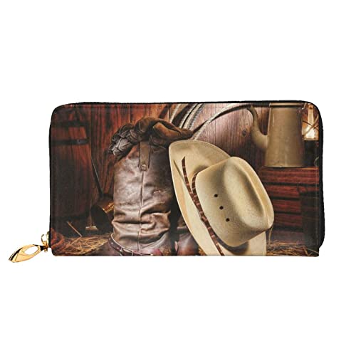 OCELIO Lange Damen-Geldbörse aus Leder, Kartenorganizer, Metall-Reißverschluss, Kreditkarten-Tasche, elegante Clutch-Brieftasche, Cowboy-Stil, schwarzer Hut, Westernstiefel, Schwarz, Einheitsgröße, Schwarz, One Size von OCELIO