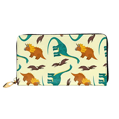 OCELIO Lange Damen-Geldbörse aus Leder, Kartenorganizer, Metall-Reißverschluss, Kreditkarten-Tasche, elegante Clutch-Brieftasche, niedliche Cartoon-Dinosaurier, Schwarz, Einheitsgröße, Schwarz, One Size von OCELIO