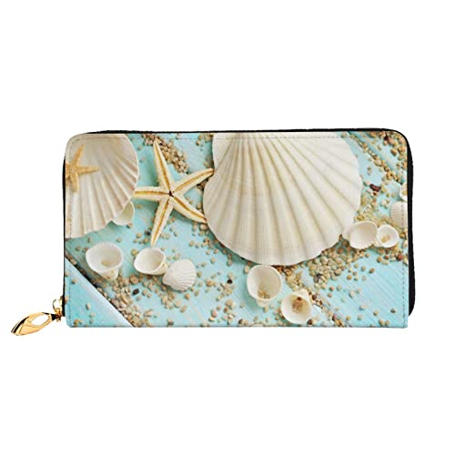 OCELIO Lange Damen-Geldbörse aus Leder, Kartenorganizer, Metall-Reißverschluss, Kreditkarten-Tasche, elegante Clutch-Geldbörse, Meer, Strand, Muscheln, Seestern, Blau, Schwarz, Einheitsgröße, Schwarz, von OCELIO