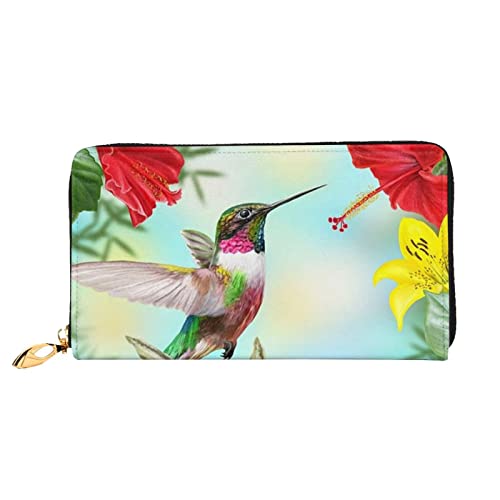 OCELIO Lange Damen-Ledergeldbörse, Kartenorganizer, Metall-Reißverschluss, Kreditkarten-Tasche, elegante Clutch, Wallethummingbirds rote Blume, Hibiskus, Schwarz, Einheitsgröße, Schwarz, One Size von OCELIO