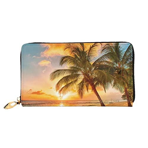 OCELIO Lange Ledergeldbörse für Damen, Kartenorganizer, Metall-Reißverschluss, Kreditkarten-Tasche, elegante Clutch-Geldbörse, Strand, Palme, Sonnenuntergang, Schwarz, Einheitsgröße, Schwarz, One Size von OCELIO