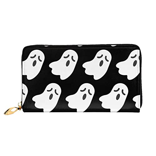 OCELIO Lange Ledergeldbörse für Damen, Kartenorganizer, Metall-Reißverschluss, Kreditkarten-Tasche, elegante Clutch-Geldbörse, niedliches Geister-Halloween-Muster, Schwarz, Einheitsgröße, Schwarz, One Size von OCELIO