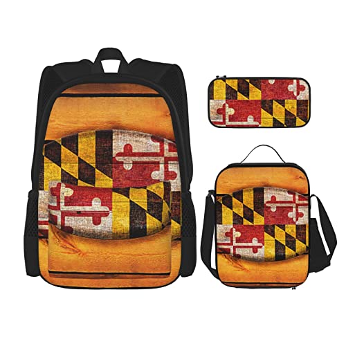 OCELIO Maryland Flagge Rucksack, Teenager-Mädchen, Jungen, Kinder-Schultasche + Stiftebox + Lunchtasche Kombination, Schwarz, Einheitsgröße, Rucksack, Reisen, Schwarz , Einheitsgröße, Rucksack, Reisen von OCELIO