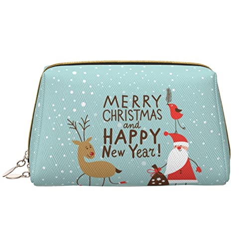 OCELIO Merry Christmas And Happy New Year Leder Tragbare Kosmetiktasche (groß), Leder Clutch Reißverschluss Kosmetiktasche, Kulturbeutel Reisetasche, Reise Aufbewahrungstasche, Weiß, Einheitsgröße, Weiß, One Size von OCELIO