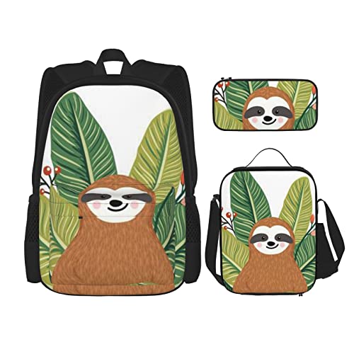 OCELIO Niedlicher Faultier & Blätter Rucksack, Teenager-Mädchen, Jungen, Kinder-Schultasche + Federmäppchen + Lunchtasche Kombination, Schwarz, Einheitsgröße, Rucksack, Reisen von OCELIO