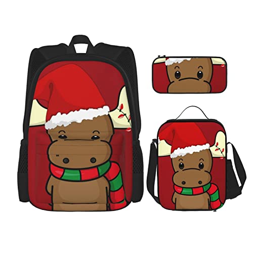 OCELIO Niedlicher Weihnachts-Rentier-Rucksack, Teenager-Mädchen, Jungen, Schultasche für Kinder + Federmäppchen + Lunchtasche, Schwarz, Einheitsgröße, Rucksack, Reisen von OCELIO