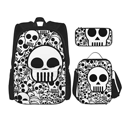 OCELIO Schwarz und Weiß Skulls Rucksack, Teenager-Mädchen, Jungen, Kinder-Schultasche + Bleistiftbox + Lunchtasche Kombination, weiß, Einheitsgröße, Rucksack, Reisen, weiß, Einheitsgröße, Rucksack, Reisen von OCELIO