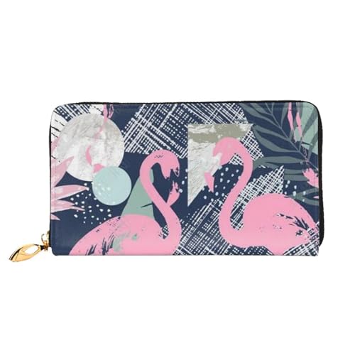 Rosa Flamingo und Blätter Leder Lange Handheld Geldbörse Damen Lange Handheld Brieftasche Verwendet für Kreditkarten Bargeld Münzaufbewahrung, Rosa Flamingo und Blätter, One Size, Casual von OCELIO