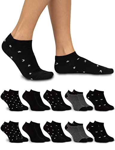 OCERA 10 Paar Damen Sneaker Socken schwarz mit Monden und Sternen - Gr. 35-38 von OCERA