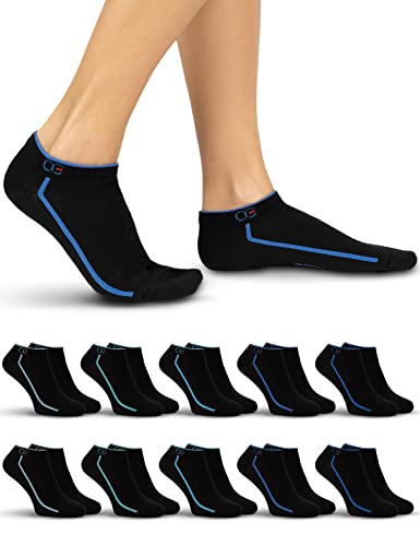 OCERA 10x schwarze Sneaker Socken Unisex für Damen und Herren mit stylischen, modernen blau abgestuften Streifen in Gr. 39-42 von OCERA