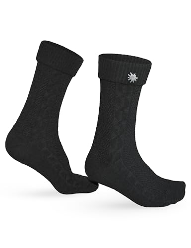 OCERA 2 Paar Trachten Socken für Damen und Herren mit Edelweiß-Pin, Oktoberfest Strümpfe in verschiedenen Farben, Gr. 35-38 in schwarz von OCERA