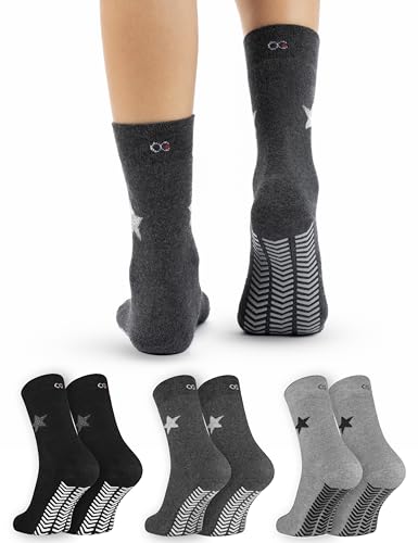 OCERA 3 Paar Thermo Stoppersocken mit ABS - Anti Rutschsocken mit Innenfrottee für Damen und Herren - Grautöne mit Sterne Muster 43-46 von OCERA