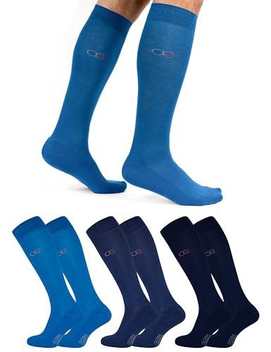 OCERA 3 Paar Wellness Gesundheits Kniestrümpfe mit Frotteesohle für Damen und Herren, Nahtfreie Spitze, Venenfreundlicher Komfortbund, in Blautönen Gr. 47-50 von OCERA