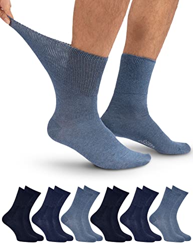 OCERA 6 Paar Diabetiker Crew Socken für Damen und Herren, ohne drückenden Gummibund Blau Mix Gr. 35-38 von OCERA