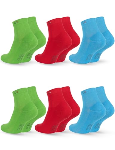 OCERA 6 Paar Wellness Kurzschaft Socken Baumwolle NEU mit Frotteesohle + handgekettelter Spitze Unisex Damen + Herren in modernen Farben Rot, Grün, Blau Gr. 43-46 von OCERA