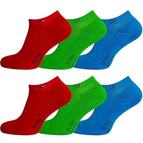 OCERA 6 Paar Wellness Sneaker Socken Baumwolle NEU mit Frotteesohle + gekettelter Spitze Unisex Damen + Herren in modernen Farben Rot, Grün, Blau Gr. 39-42 von OCERA