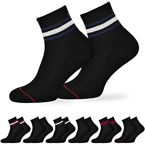 OCERA Active Premium Retro Sport und Freizeit Kurzschaft Socken für Damen & Herren,6 Paar Tennissocken mit weicher Frottee Sohle mit Farbstreifen schwarz 35-38 von OCERA