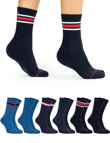 OCERA Active Premium Retro Sport und Freizeit Socken für Damen & Herren,6 Paar Tennissocken mit weicher Frottee Sohle mit Farbstreifen marine 43-46 von OCERA