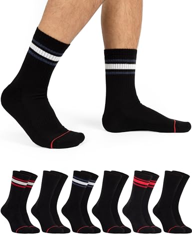 OCERA Active Premium Retro Sport und Freizeit Socken für Damen & Herren,6 Paar Tennissocken mit weicher Frottee Sohle mit Farbstreifen schwarz 35-38 von OCERA