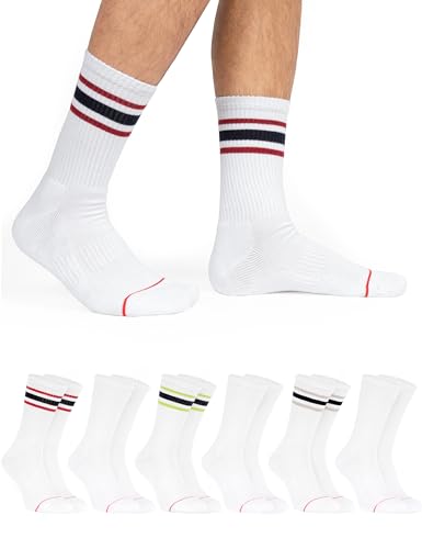 OCERA Active Premium Retro Sport und Freizeit Socken für Damen & Herren,6 Paar Tennissocken mit weicher Frottee Sohle mit Farbstreifen weiss 35-38 von OCERA