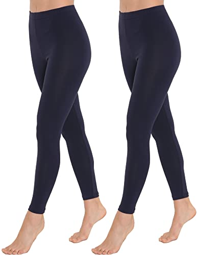 OCERA Damen Lange Leggings aus atmungsaktiver Baumwolle mit hoher Taille, ÖKO-TEX Standard 100 Zertifiziert, Marineblau - L, 2er Pack von OCERA