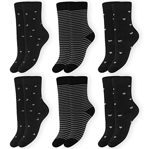 OCERA Thermo Socken (6er Pack) mit Sternen, Monden und Herzen für Damen in schwarz Größe 35-38 von OCERA