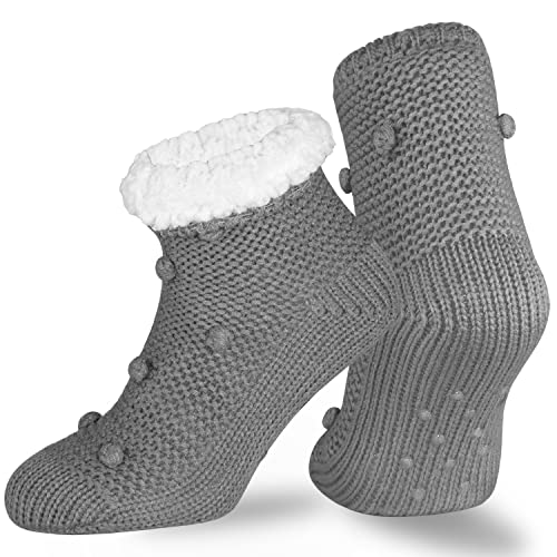 OCERA Warme Hüttensocken für Damen, mit flauschigen Innenfutter und ABS Sohle, 1 Paar Kuschelsocken mit Anti Rutsch Noppen in Grau 39-42 von OCERA