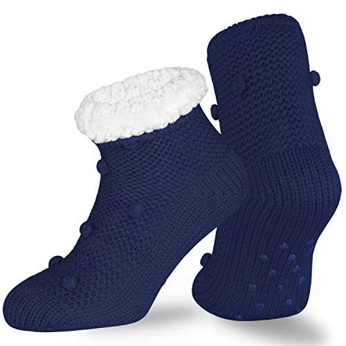 OCERA Warme Hüttensocken für Damen, mit flauschigen Innenfutter und ABS Sohle, 1 Paar Kuschelsocken mit Anti Rutsch Noppen in Marine 39-42 von OCERA