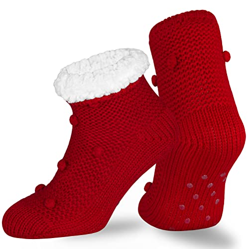 OCERA Warme Hüttensocken für Damen, mit flauschigen Innenfutter und ABS Sohle, 1 Paar Kuschelsocken mit Anti Rutsch Noppen in Rot 35-38 von OCERA