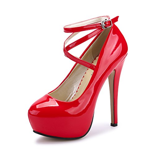 OCHENTA Damen Knöchelriemen Plateau Pumps Partykleid High Heel, Beigefarbene Sohle, PU-Rot, 41.5 EU von OCHENTA