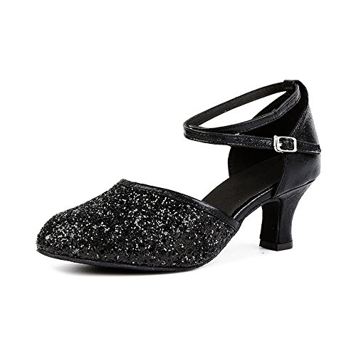 OCHENTA Damen Kitten Heels Latein Ballsaal Tanzschuhe Pailletten Glitzer Spitze Zehen Salsa Tango Party Pumps Gummi Schwarz Tag 41 - US 9 von OCHENTA