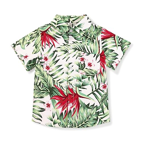 OCHENTA Little & Big Boy's Print Button Down Hawaiihemd Kurzarm Tops, Monstera Floral White, 164 von OCHENTA