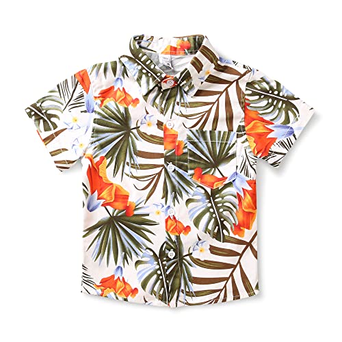 OCHENTA Little & Big Boy's Print Button Down Hawaiihemd Kurzarm Tops, Monstera White, 12-13 Jahre von OCHENTA