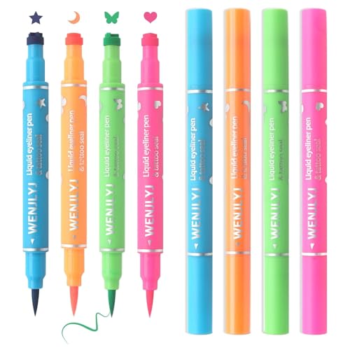 4 Colors Double-headed Liquid Eyeliner Stamp Pen Set, Blue Pink Green Orange Colorful Winged Eye Liners for Women, Waterproof Long-Lasting Butterfly Star Moon Heart Eye Face Makeup von OCHILIMA