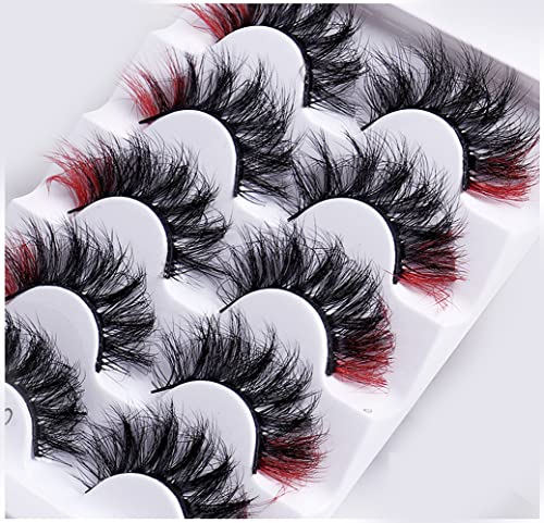 Colored Lashes, 5D False Lashes with Color Faux Mink Eyelashes Wispies Fluffy Colored Eyelashes Dramatic Strip Lashes for Christmas Cosplay Costumes Fake Eyelashes 5 Pairs Pack (Red) von OCHILIMA