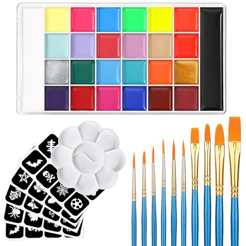 Körperfarben Set 26 Farben mit 10 Pinseln 30 Schablonen, Face Paint Hohe Farbwiedergabe, Halloween Schminke Kinder, Babybauch Bemalen, Karneval Schminke von OCHILIMA