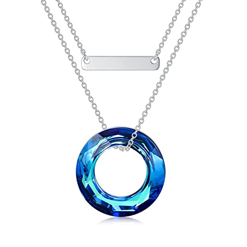 OCJ Kette Damen Kreis Anhänger Halskette Blauer Kristall 925 Sterling Silber Schmuck Geburtstag Hochzeitstag Geschenk Abschlussgeschenk für Schwester Freundin Frauen Mama von OCJ