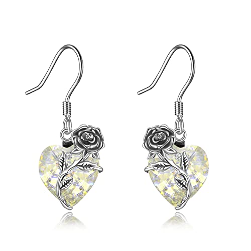 OCJ Damen Ohrringe Kristall Herz Rosen 925 Sterling Silber Haken Ohrringe für Frauen Geburtsstein Baumelnder Tropfen Ohrhänger (Apr - Simulierter Diamant) von OCJ