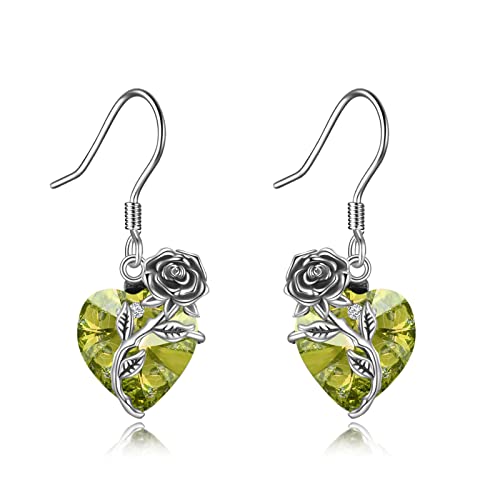 OCJ Damen Ohrringe Kristall Herz Rosen 925 Sterling Silber Haken Ohrringe für Frauen Geburtsstein Baumelnder Tropfen Ohrhänger (August - Peridot) von OCJ