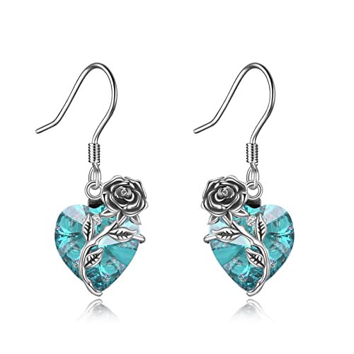 OCJ Damen Ohrringe Kristall Herz Rosen 925 Sterling Silber Haken Ohrringe für Frauen Geburtsstein Baumelnder Tropfen Ohrhänger (Dezember - Blauer Topas) von OCJ