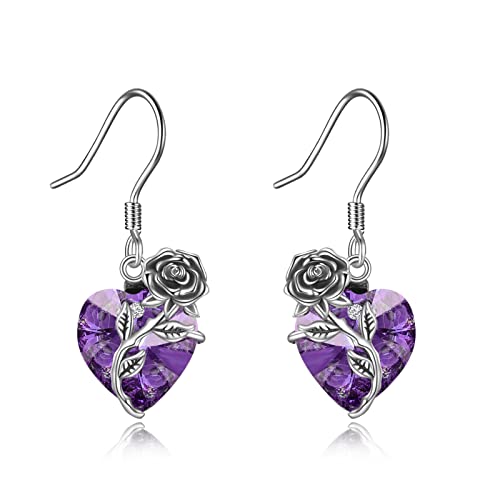 OCJ Damen Ohrringe Kristall Herz Rosen 925 Sterling Silber Haken Ohrringe für Frauen Geburtsstein Baumelnder Tropfen Ohrhänger (Februar - Amethyst) von OCJ