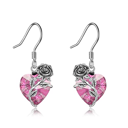 OCJ Damen Ohrringe Kristall Herz Rosen 925 Sterling Silber Haken Ohrringe für Frauen Geburtsstein Baumelnder Tropfen Ohrhänger (Okt - Rosa Turmalin erstellt) von OCJ