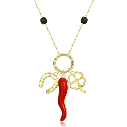 OCJ Damen Rotes Horn Glücks Halskette aus 925 Sterlingsilber Vergoldet mit Kleeblatt, Glückshufeisen und Schwarzer Onyx Italienischer Stil Anhänger von OCJ
