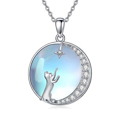 OCJ Mondstein Kette Mond und Katze Anhänger Halskette 925 Sterling Silber Schmuck Geschenk für Frauen und Mädchen von OCJ