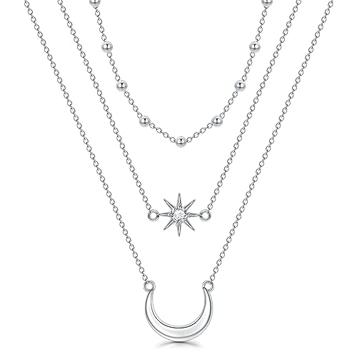 OCJ Mehrschichtige Halsketten Silber 925, Boho Vintage Mond und Stern Perlen Choker Ketten Set Schmuck Geschenke für Frauen und Mädchen von OCJ