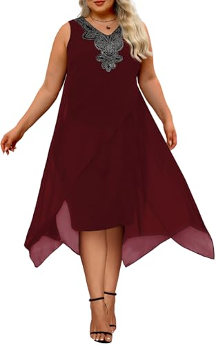 OCSTRADE Damen Chiffon-Kleid in Übergröße, locker, ärmellos, fließend, Cocktail-Party-Midikleid, Weinrot, X-Large Mehr von OCSTRADE
